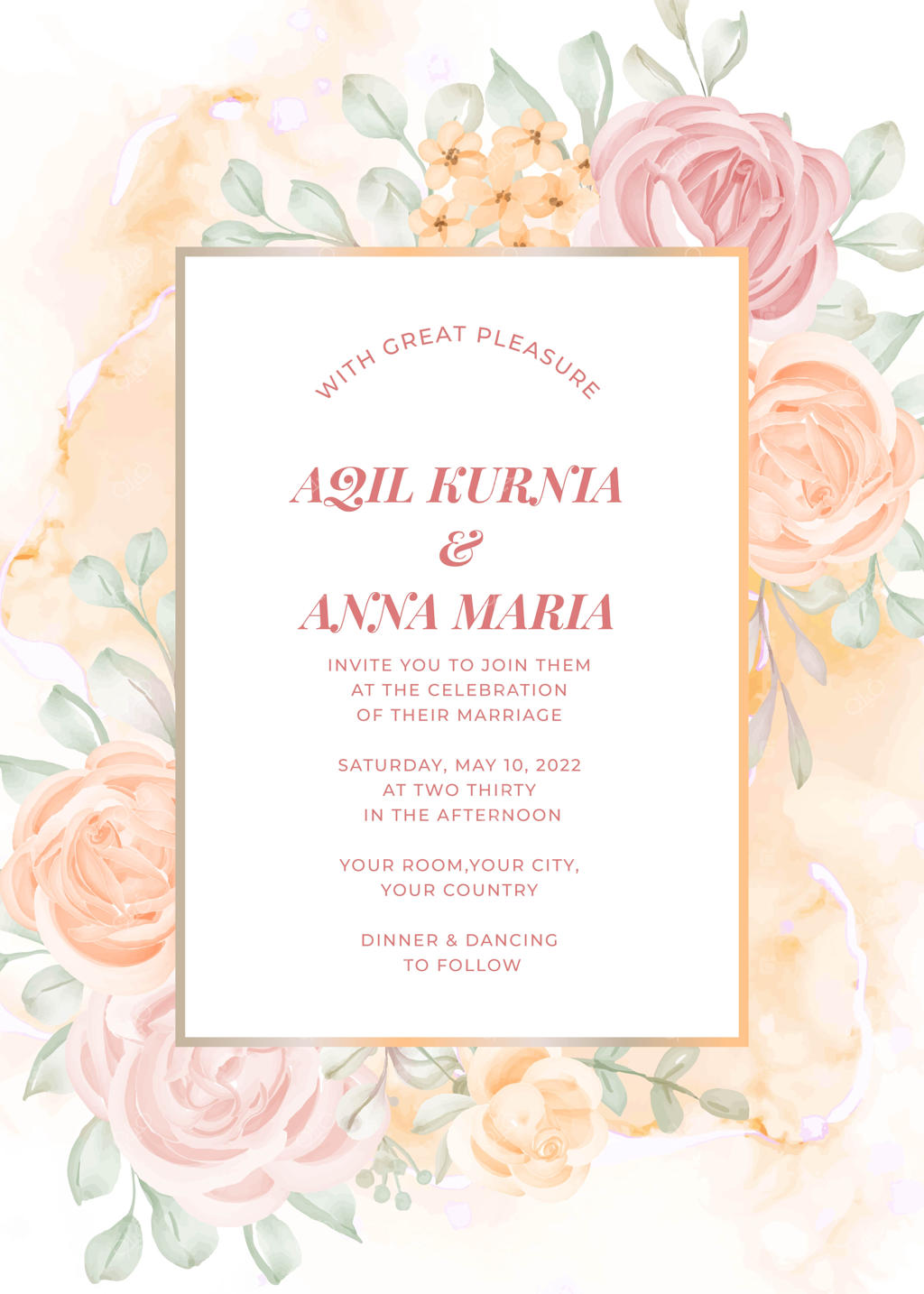 پترن زیبا برای کارت دعوت عروسی با گل‌های نارنجی رز