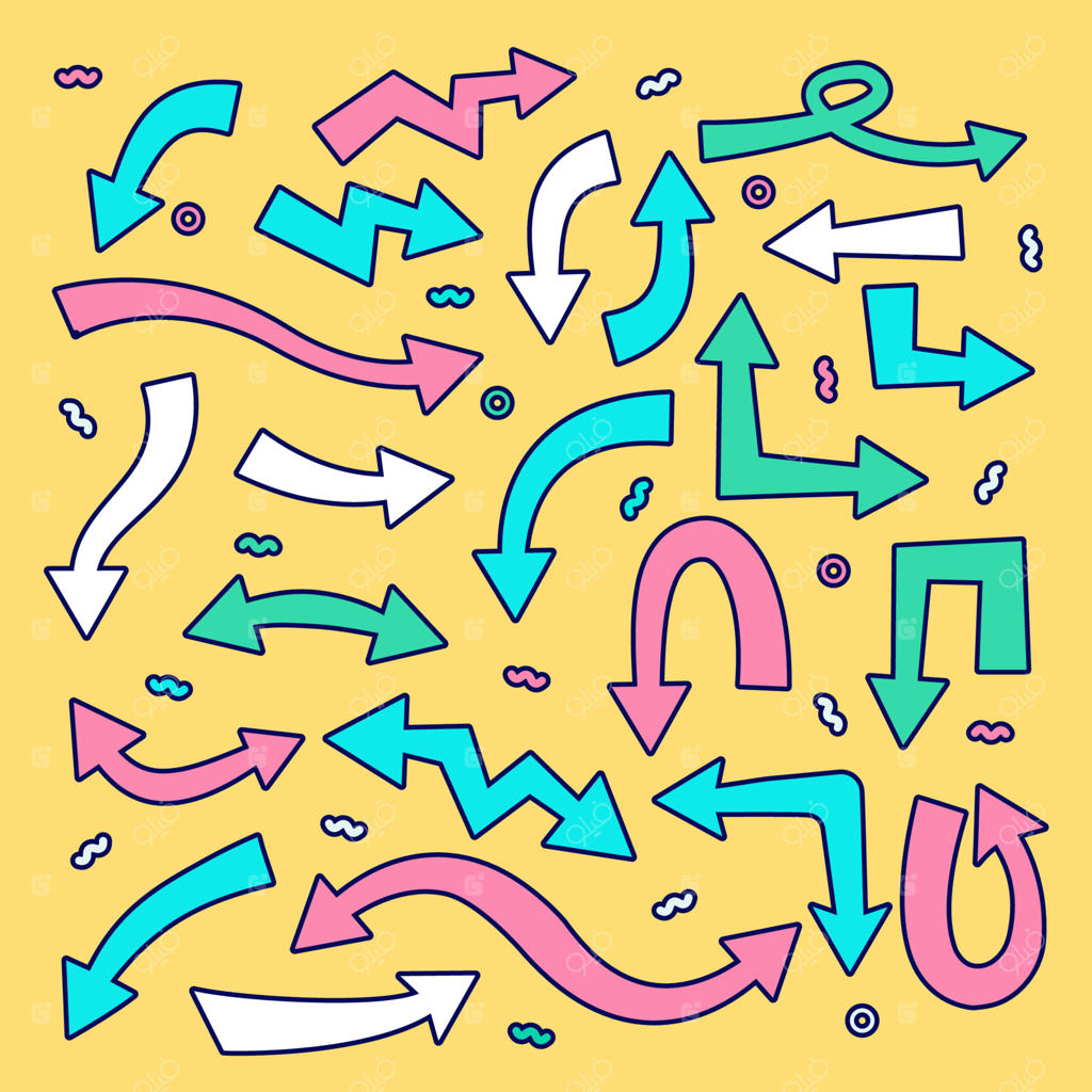 مجموعه پیکان‌های کارتونی با رنگ‌های پاپ‌آرت