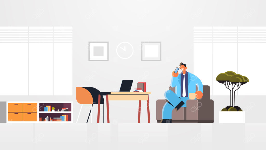 مرد تاجر در حال صحبت با موبایل، نشسته بر روی صندلی راحتی و نوشیدن قهوه: مفهوم ارتباط و آرامش در محیط مدرن اداری