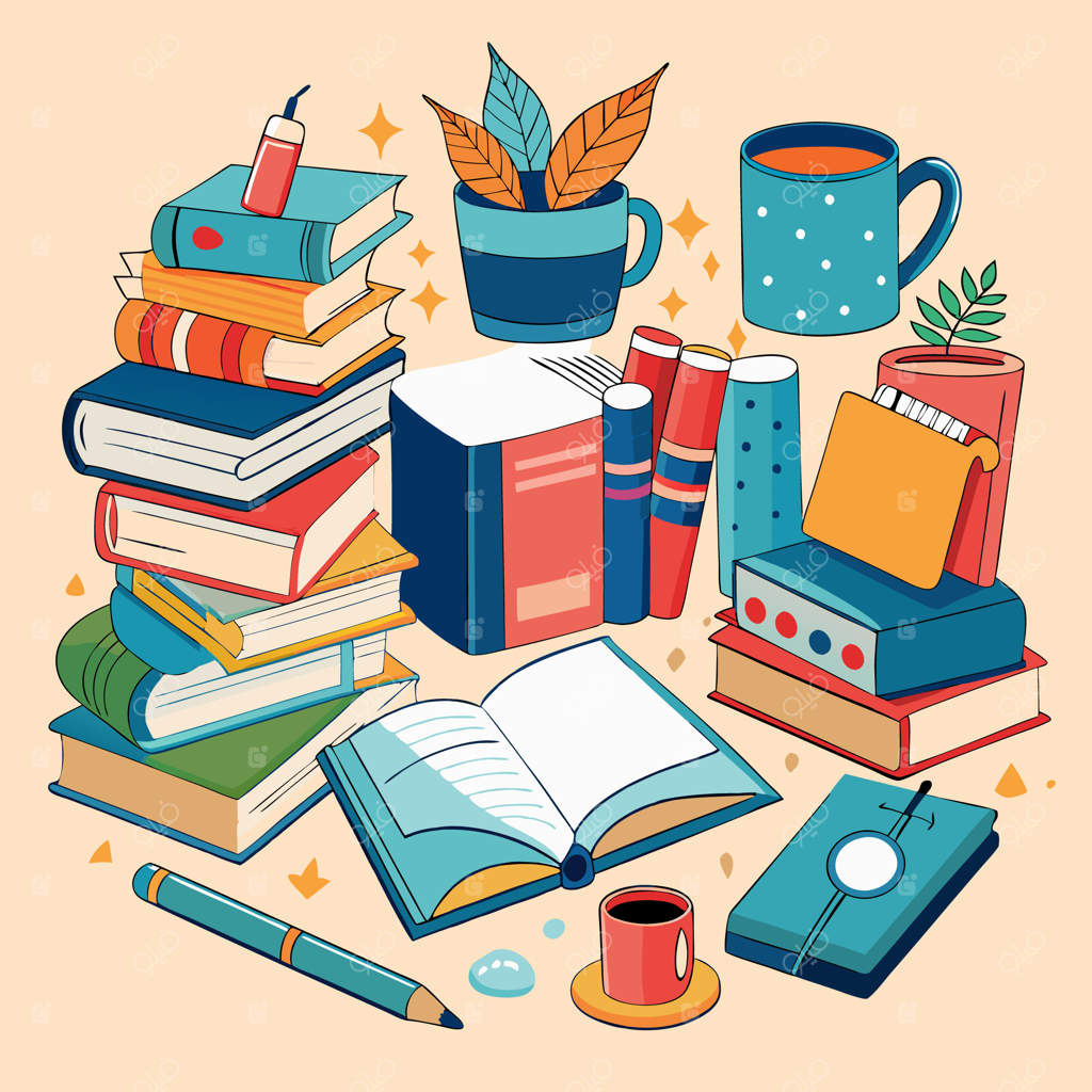 تصویرسازی خلاقانه و رنگارنگ آموزشی با کتاب‌ها و لوازم‌التحریر مدرسه