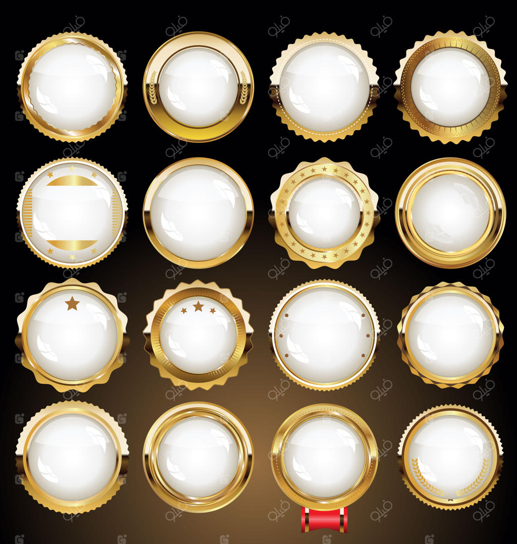 مجموعه‌ای از نشان‌ها و برچسب‌های طلایی به سبک رترو