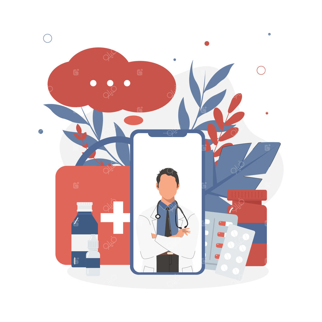 پزشک بدون چهره در صفحه موبایل با سبک فلت؛ پزشکی آنلاین، خدمات درمانی و تشخیص پزشکی