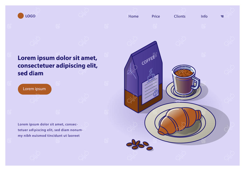 بسته قهوه، فنجان و کروسان در سبک ایزومتریک