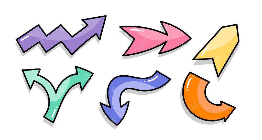 مجموعه فلش‌های رنگارنگ، فلش‌های رنگی با دست کشیده شده، مجموعه طراحی عناصر نشانگر جهت تزیینی