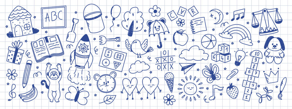 عناصر دست‌کشیده مهدکودک: موشک، لی‌لی، اسباب‌بازی‌ها، کتاب، بادکنک، خانه، میوه‌ها و دیگر عناصر بافت گچ.