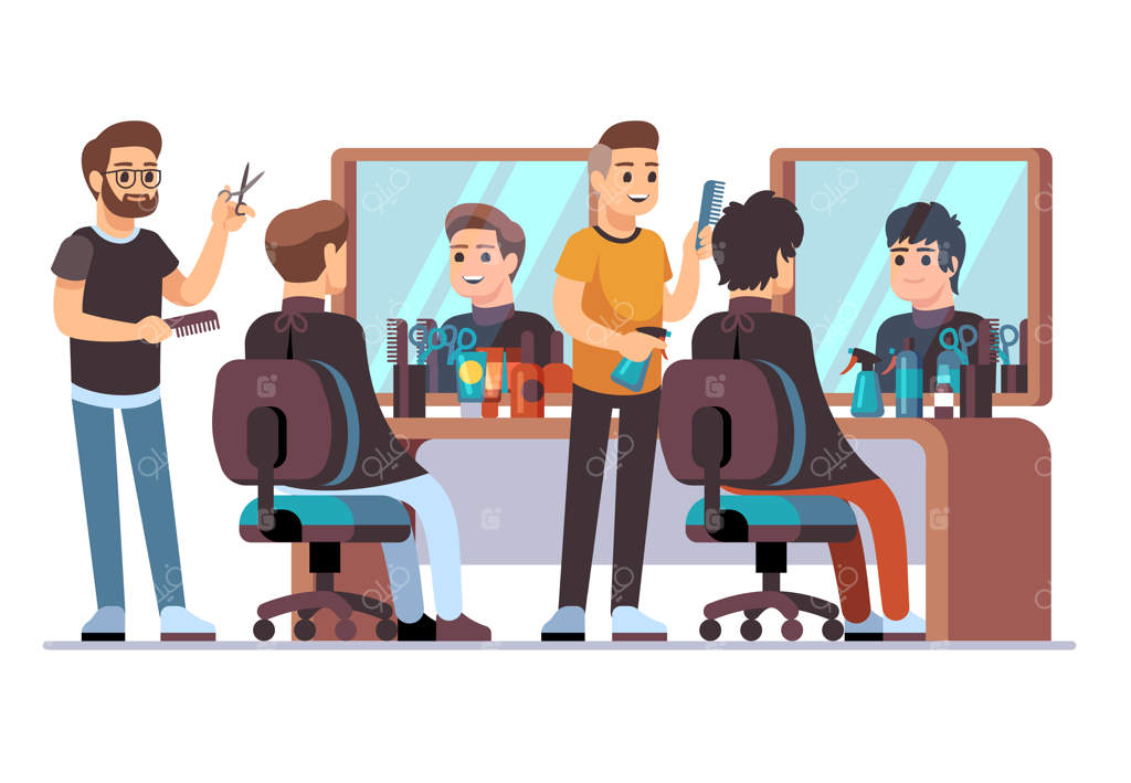 آرایشگر با مشتری در حال کار. آرایشگران مشغول اصلاح مدل موی مردانه در فضای آرایشگاه با آینه‌ها. تصویرسازی وکتور سالن زیبایی