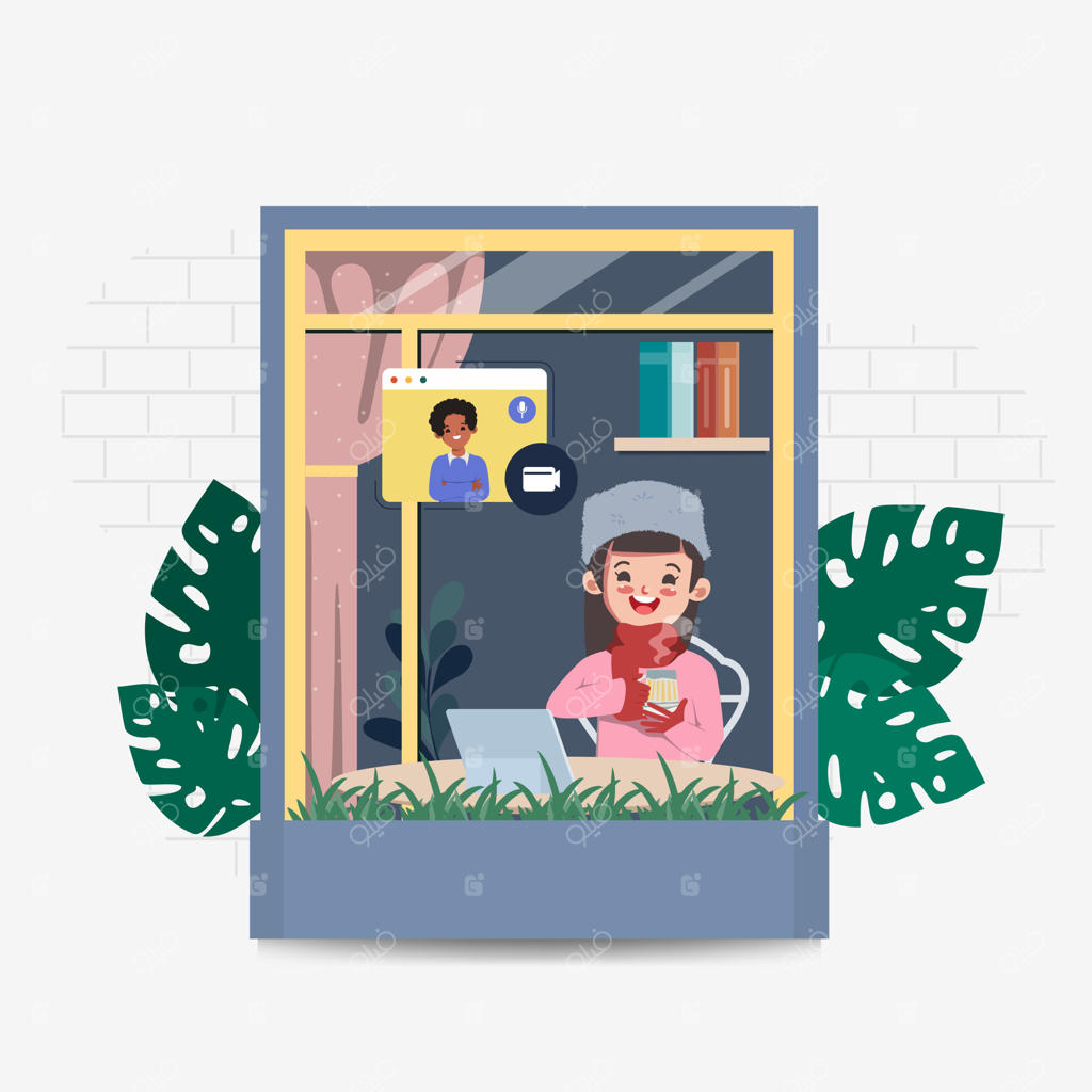 زن جوان خوشحال در جلسه آنلاین ویدئویی با مردی