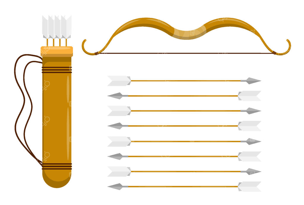 تیر و کمان کارتونی همراه با ترکش برای نگهداری. ابزار تیراندازی یا شکار. سلاح جنگجویان قرون وسطی. تصویر جدا شده بر روی زمینه سفید.