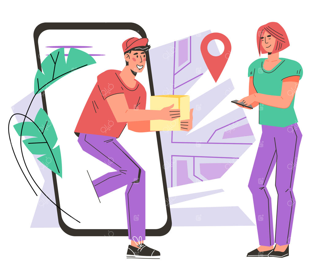 تحویل سریع و خرید آنلاین: مفهوم تحویل در فروشگاه اینترنتی، تحویل‌دهنده بسته را به مشتری خوشحال می‌رساند. تصویر برداری تخت، جدا شده بر روی زمینه سفید.