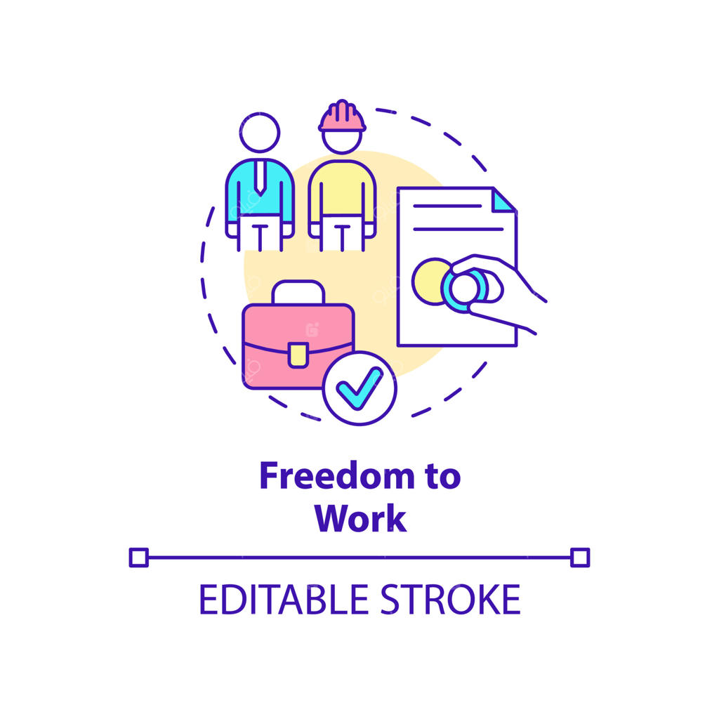 آیکون مفهومی آزادی کار و کمک به اشتغال؛ تصویرسازی خطی و انتزاعی حقوق پناهندگان، طرح دورخط جداگانه با خطوط قابل ویرایش.