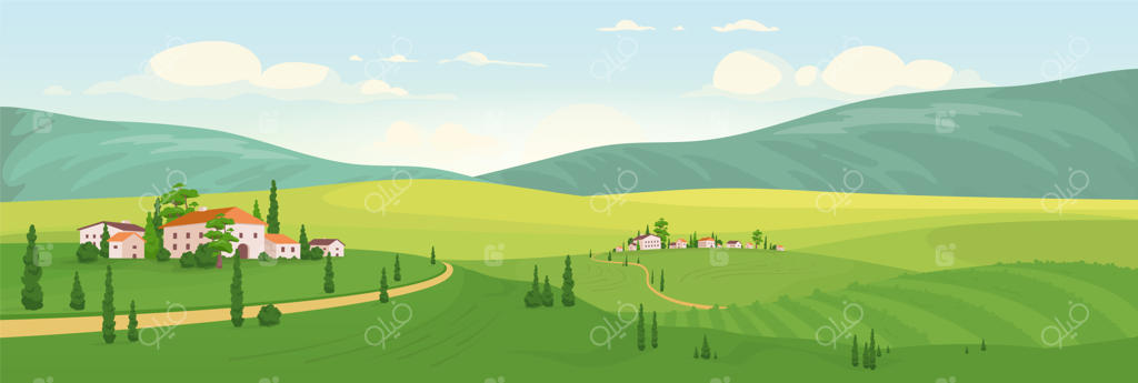 تصویرسازی صحنه روستایی دل‌انگیز: تاکستان‌های ایتالیا و منظره کارتونی دوبعدی با تپه‌های سبز در پس‌زمینه. چشم‌انداز روستای اروپایی با درختان سرو و خانه‌ها