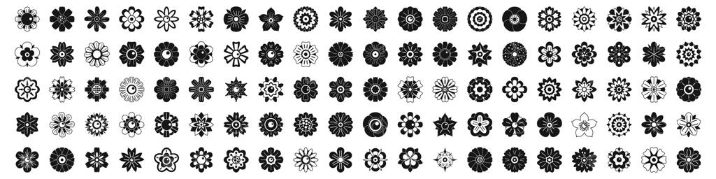 مجموعه آیکون‌ها: مجموعه‌ای از آیکون‌های گل نمایانگر گونه‌ها و مراحل مختلف شکوفه‌دهی