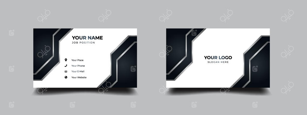 کارت ویزیت آینده‌نگر سیاه و سفید: طراحی لوکس و شیک با طرح فلزی نقره‌ای، قالب چاپ وکتور.