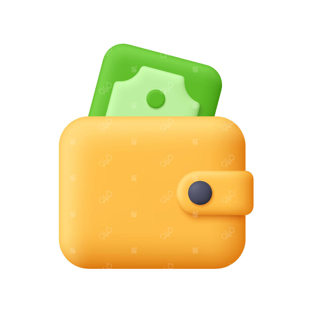 کیف زرد با اسکناس سبز: مفهوم مالی، سرمایه‌گذاری، بودجه و پس‌انداز. آیکون سه‌بعدی به سبک کارتونی ساده.