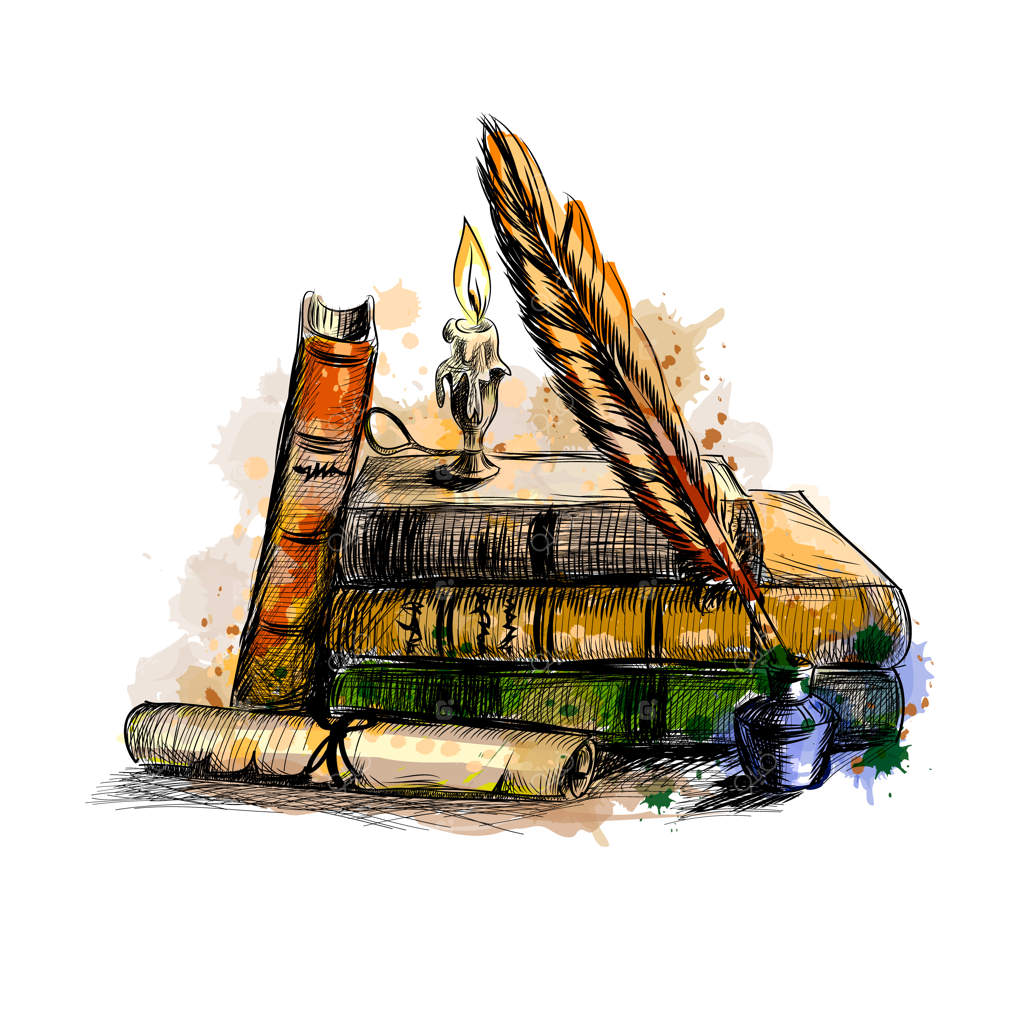 توده‌ای از کتاب‌ها، طومار، قلم و شمع