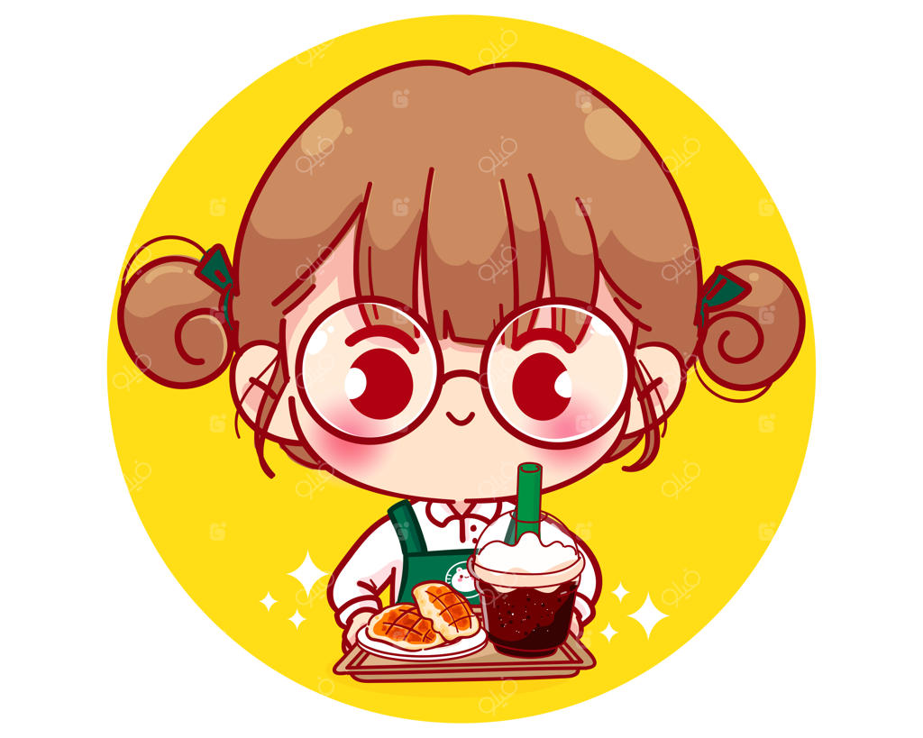 تصویر کاراکتر کارتونی باریستای بامزه با پیش‌بند، وافل و قهوه