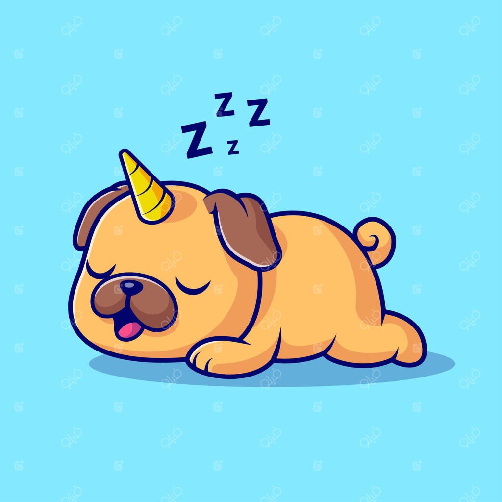 تصویر وکتور کارتونی یونیکورن و سگ پاگ در خواب. مفهوم آیکون طبیعت حیوانات، جدا شده از پس‌زمینه.