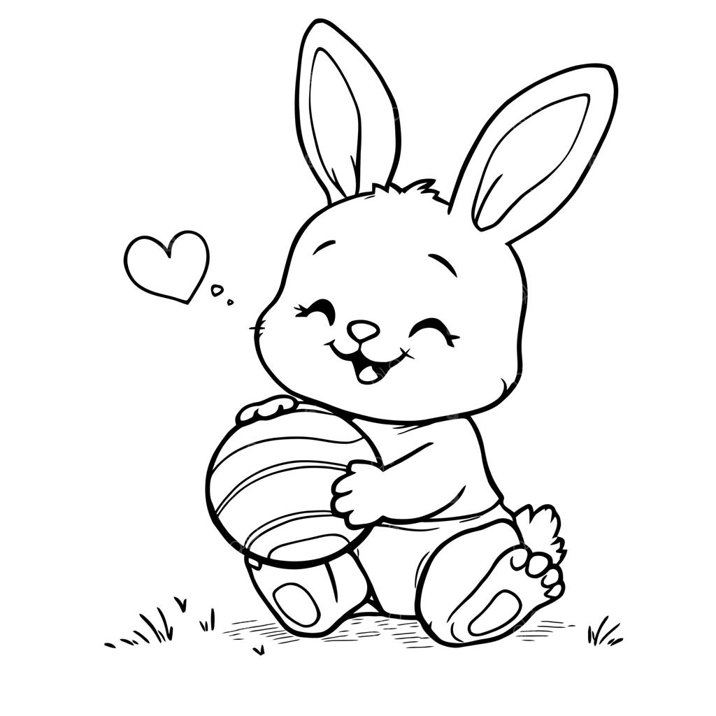 بغل کردن یک تخم‌مرغ خط‌دار با نماد قلب توسط بچه خرگوش دوست‌داشتنی؛ تصویر برای رنگ‌آمیزی