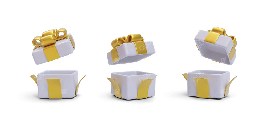 مجموعه‌ای از هدایای سفید واقعی با روبان‌های طلایی و سایه روی پس‌زمینه سفید - تصویر وکتور