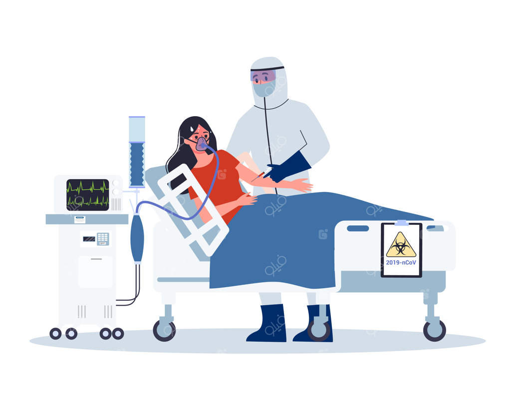 علائم و درمان. هشدار ویروس کرونا. بستری شدن زن مبتلا توسط پزشک با تجهیزات ویژه.