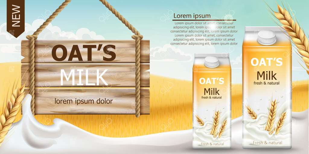 دو بسته مقوایی حاوی شیر جو دوسر تازه و طبیعی در مزرعه‌ای پر از غلات. آسمان آبی و ابری. تابلوی چوبی. جایگاه مناسب برای متن.