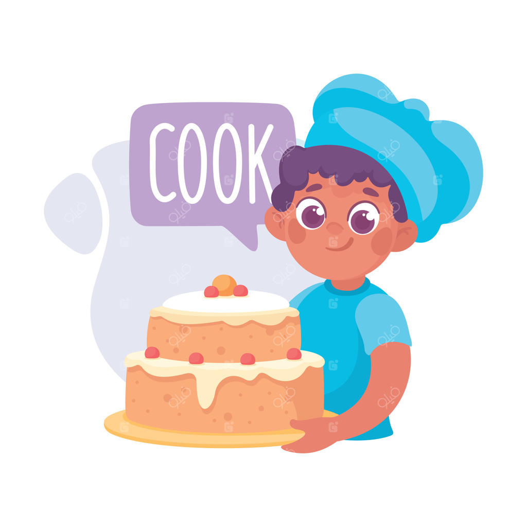 تصویرسازی پسربچه در حال پختن کیک برای آموزش فعل و واژگان