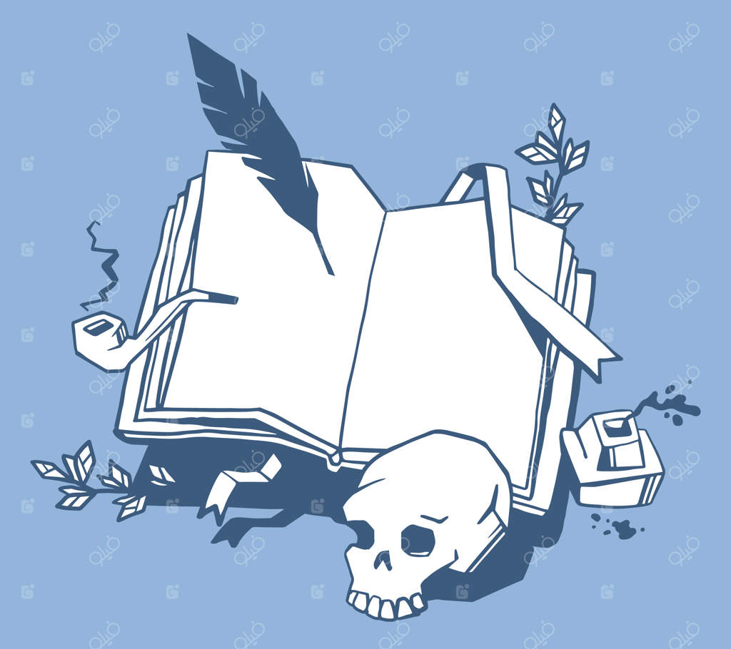 تصویرسازی خلاقانه از کتاب سفید با نشانک، پر پرنده، دوات، پیپ در حال دود کردن و جمجمه انسان بر روی پس‌زمینه آبی.