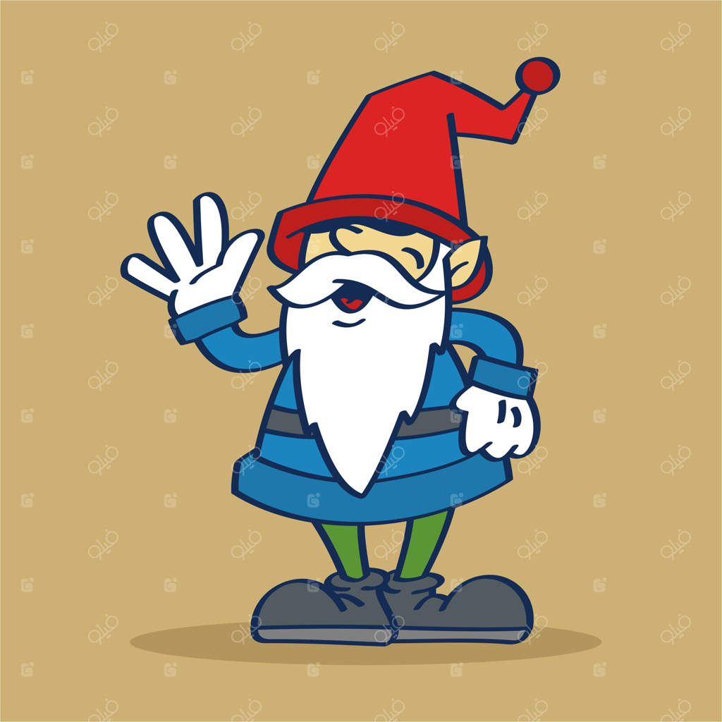 کارتونی از یک کوتوله با پیراهن آبی و شلوار سبز که به سبک قدیمی با دست طراحی شده و خداحافظی می‌کند