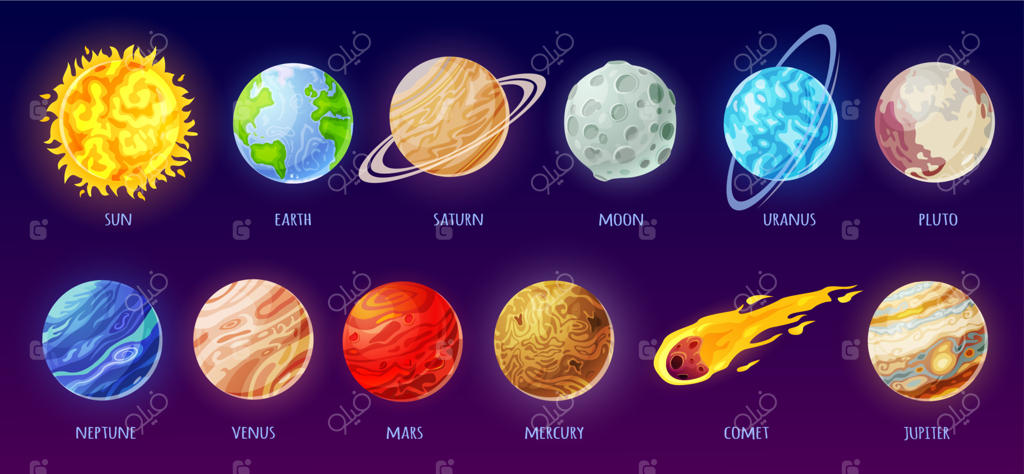 سیاره های منظومه شمسی: مجموعه کارتونی کهکشان، ستارگان، شهاب‌سنگ، خورشید، زمین، ماه و عطارد؛ علوم فضایی و نجوم برای کودکان در قالب وکتور