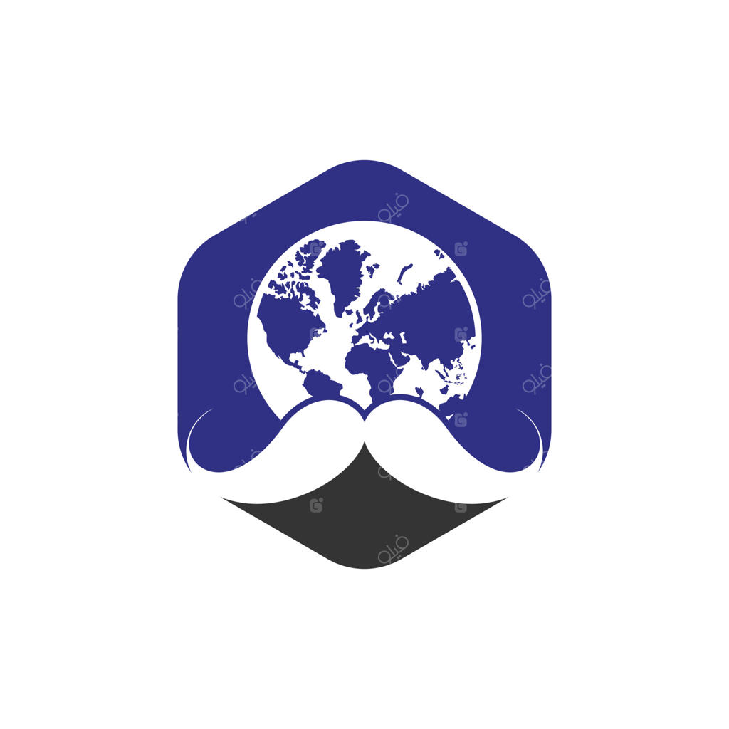 طراحی وکتور لوگوی آرایشگران جهان. طراحی لوگو با آیکون سیبیل و کره زمین.