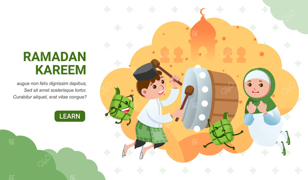 بنر تبریک رمضان: مردی با طبل، زنانی کنار او و نمایی از مسجد