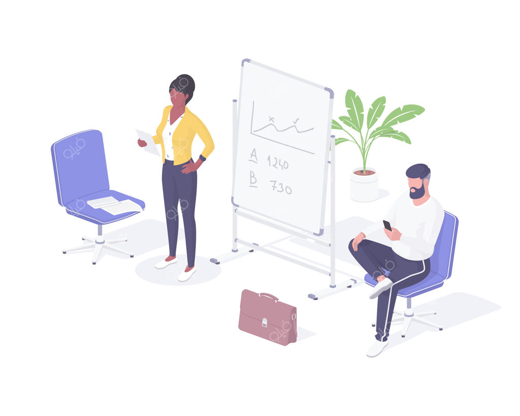 آماده‌سازی برای مصاحبه شغلی: تصویر ایزومتریک. شخصیت زن با برگه در دست، رزومه را با صدای بلند می‌خواند. مردی با تلفن همراه، اطلاعات کارفرما را بررسی می‌کند.
