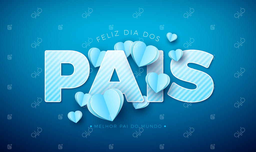 طرح کارت تبریک روز پدر با قلب کاغذی آبی و برچسب متن روی زمینه آبی. تصویرسازی زبان پرتغالی "روز پدر مبارک" با تایپوگرافی برای عزیزان و...