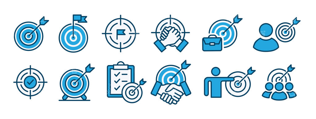 مجموعه آیکون‌های تخت هدف. دستیابی به اهداف و تیر و کمان. مجموعه‌ای از آیکون‌های خطی ساده.  تصاویر با خط‌کشی