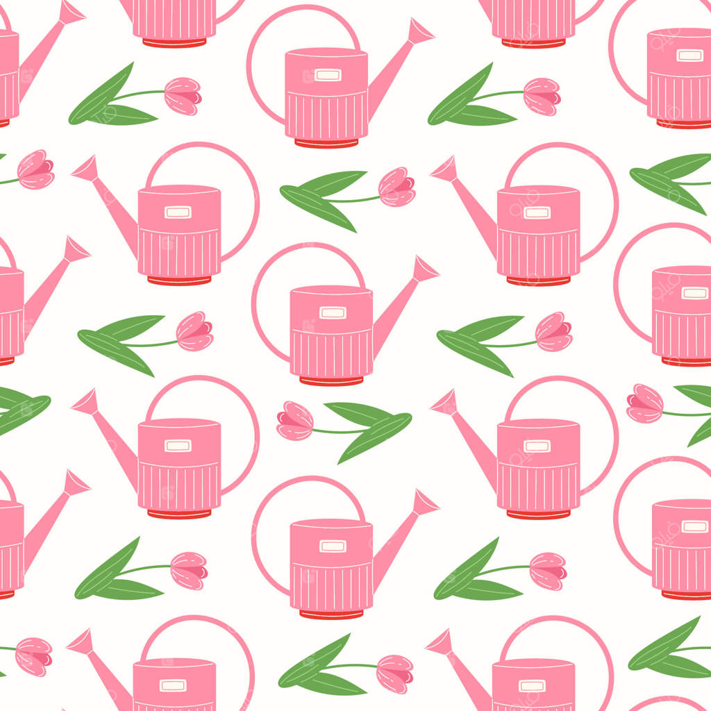 پترن یکپارچه با آب‌پاش‌های باغ صورتی و گل‌های لاله صورتی روی زمینه سفید