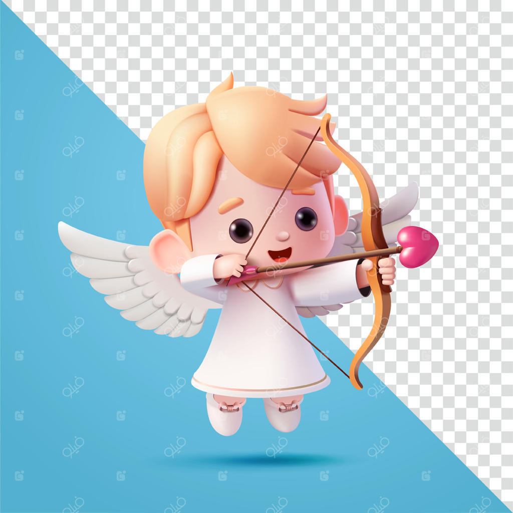 کودک فرشته زیبا با تیرکمان قلب، سه‌بعدی. مناسب برای رویدادها، تبلیغات، ولنتاین و عشق