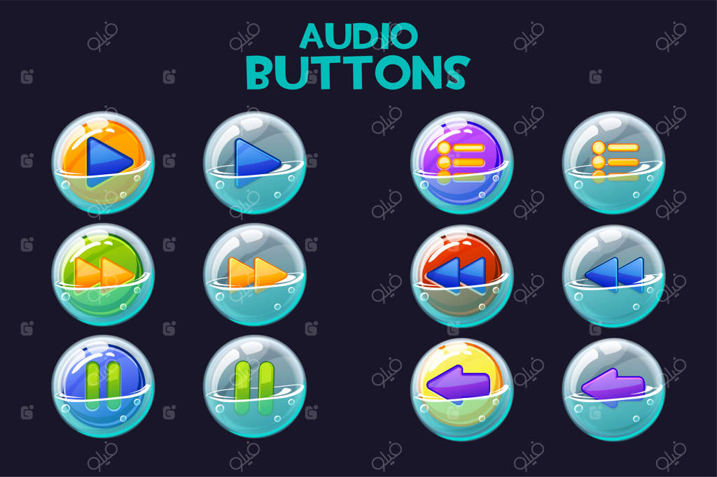 مجموعه‌ای از دکمه‌های صوتی رنگارنگ در حباب‌های صابون