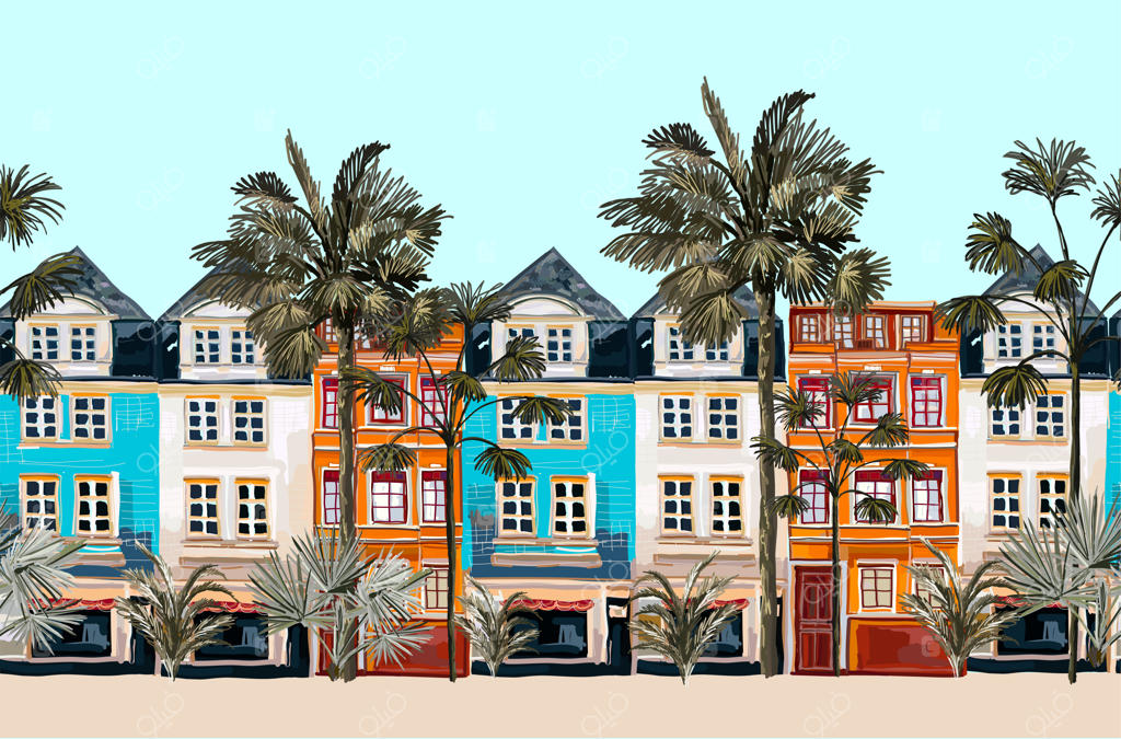 طرح بدون درز مرز با درختان نخل، درختان موز و گیاهان در شهر قدیمی به سبک گرمسیری و کلاسیک. پس‌زمینه کاغذ دیواری جنگلی و عجیب و غریب.