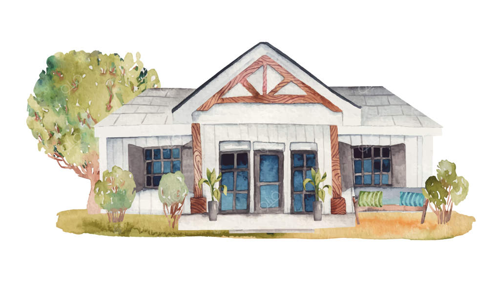 تصویر آبرنگی از خانه چوبی سفید آمریکایی با مبلمان باغی و چمنزار