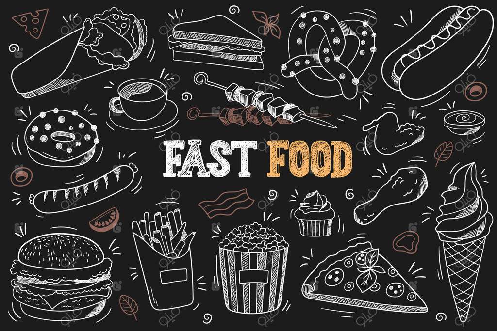مجموعه طرح‌های گچی فست فود روی تخته سیاه شامل برگر، دونات، ران مرغ، بستنی، پیتزا و غیره