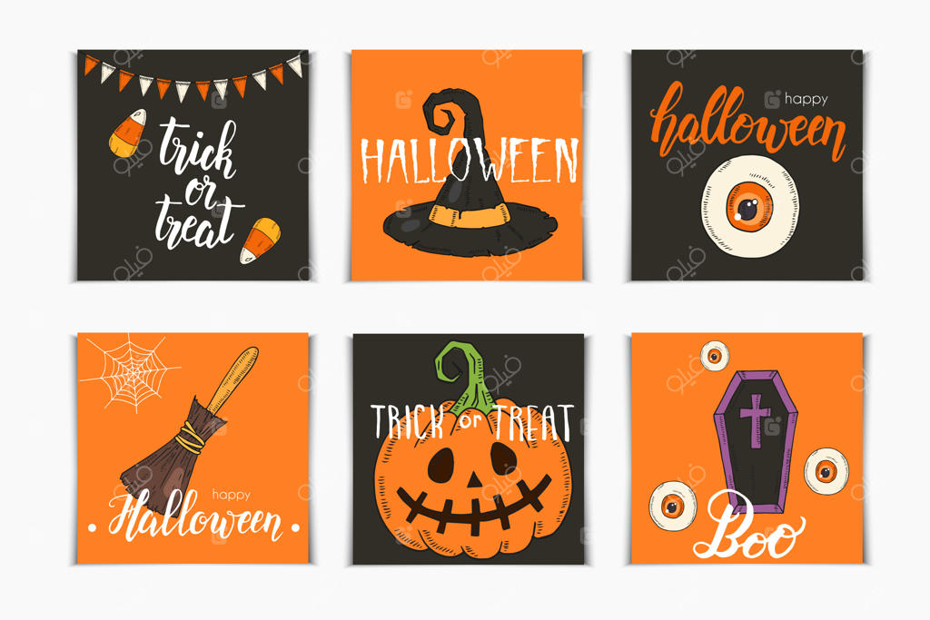 مجموعه کارت دعوت هالووین با طرح‌های دستی و نوشته‌های جذاب: کدو تنبل جک، کلاه جادوگر، جاروی جادوگر، آب‌نبات‌ها، ریشه‌های آب‌نباتی، تابوت و دیگ معجون به سبک طراحی اسکچی.