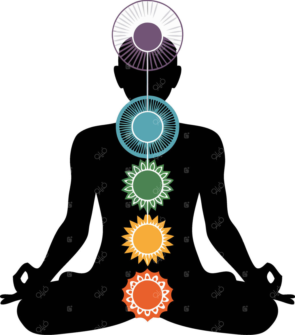 ضد نور مدیتیشن در حالت نیلوفر با نمادهای رنگی چاکرا و موضوع سلامتی