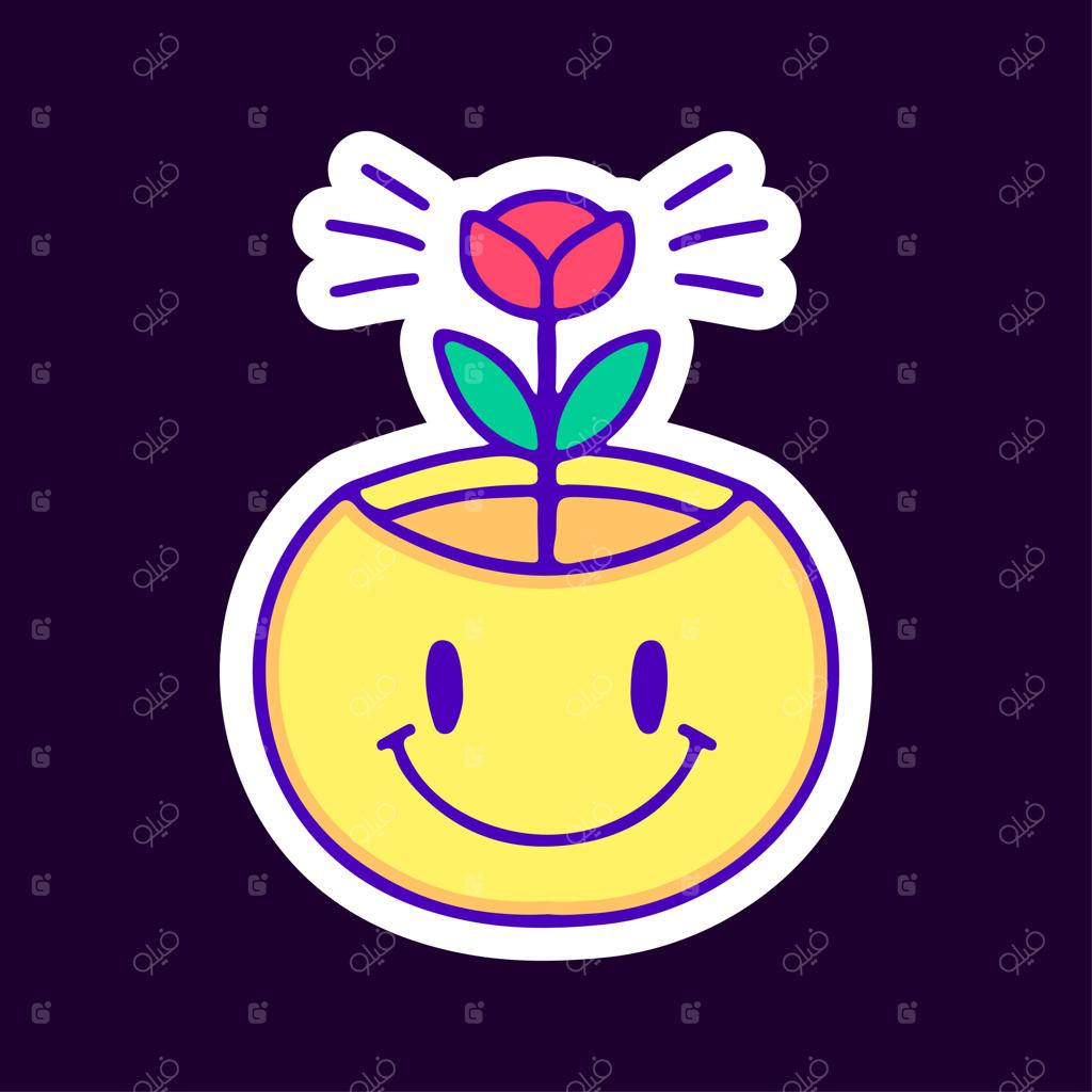 تصویر کارتونی گل رز داخل صورتک خندان برای تیشرت و استیکر.