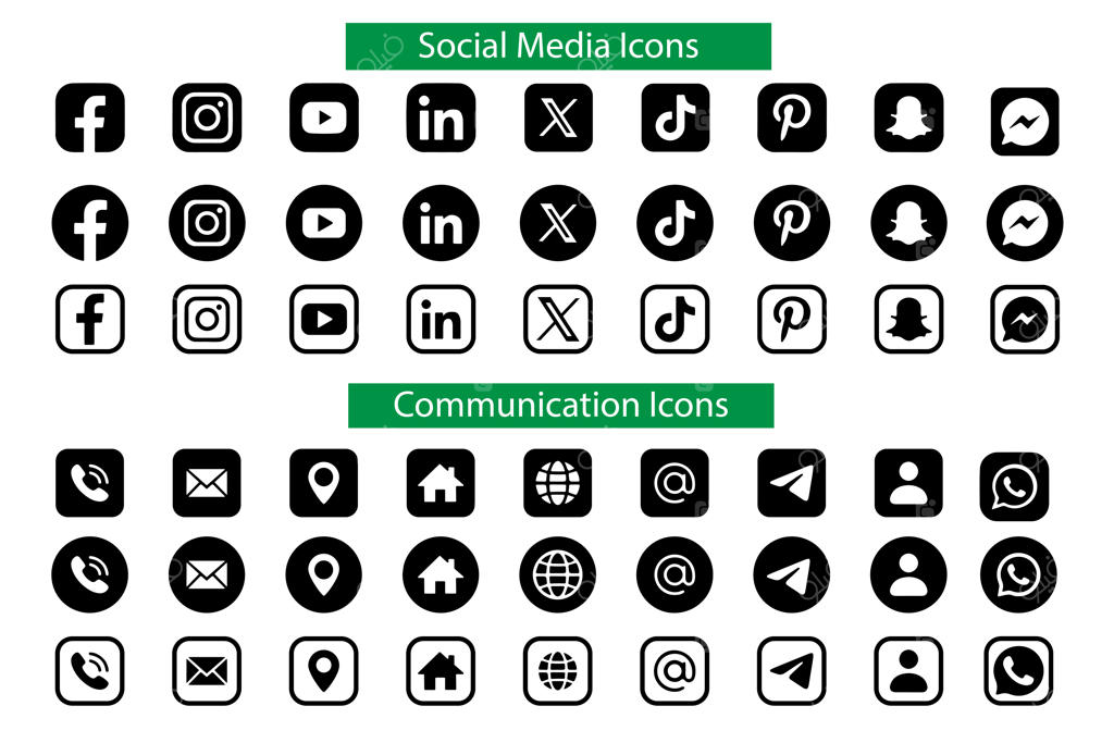 مجموعه آیکون‌های سیلوئت سیاه و سفید شبکه‌های اجتماعی و ارتباطات با فرمت PNG شفاف و پس‌زمینه جدا شده