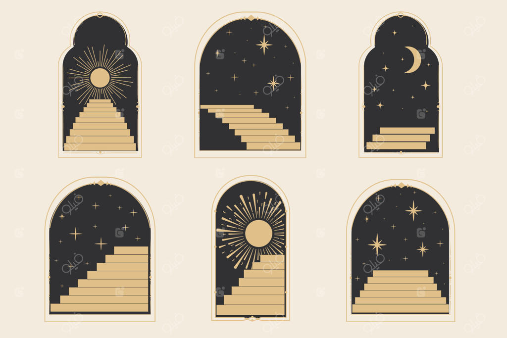 پنجره قوسی با قاب بندی خطی آسمانی و راه‌پله اسرارآمیز، نمادهای خورشید و ماه و طرح کمینه‌گرایانه یک خالکوبی. نماد روحانی و اسرارآمیز.