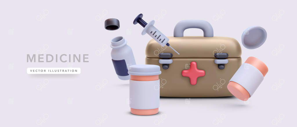 جعبه کمک‌های اولیه با جعبه قرص و سرنگ در سبک واقعی، تصویرسازی وکتور جدا شده روی پس‌زمینه روشن