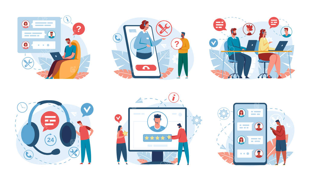 اپراتور مرکز تماس پشتیبانی مشتری با هدست به مشتری کمک می‌کند - مفاهیم پشتیبانی آنلاین و تلفنی