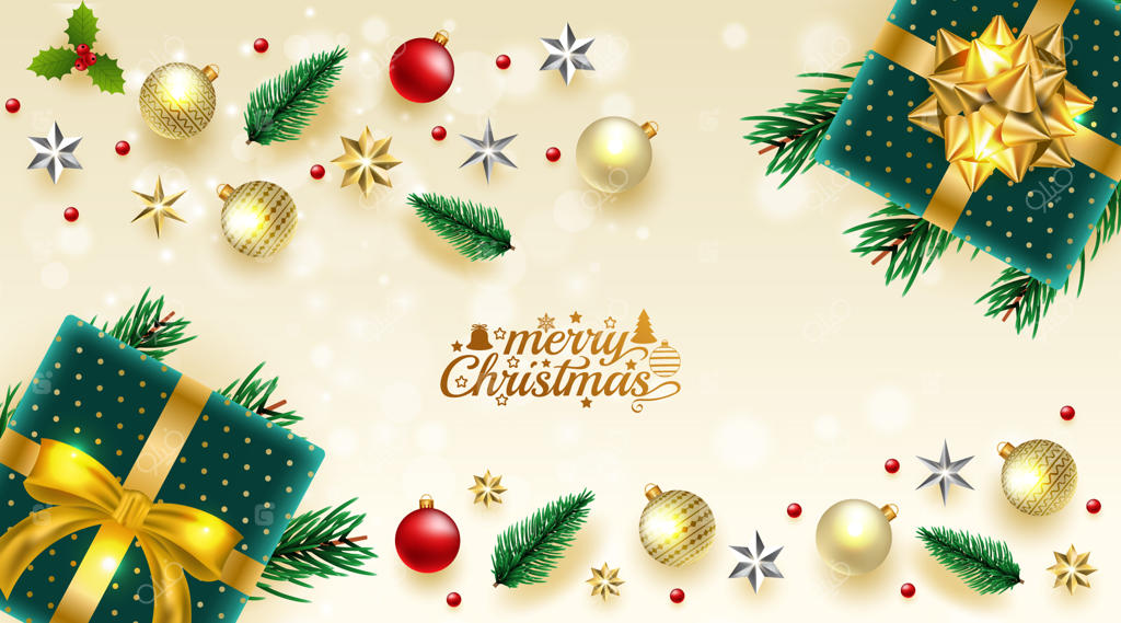 بنر سه‌بعدی لوکس کریسمس طلایی با طرحی از درخت، گوی‌های تزیینی، ستاره‌ها و برف