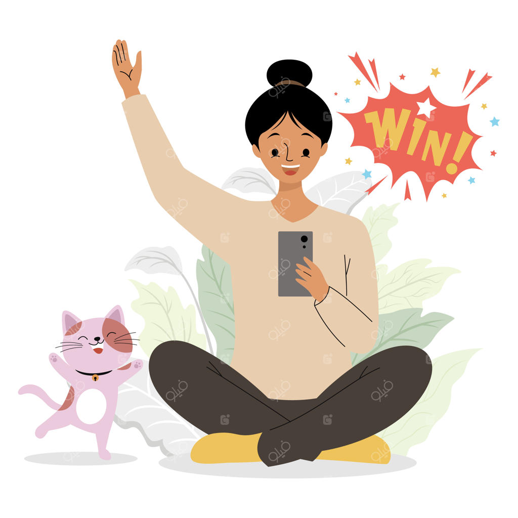 زن شاد به همراه گوشی و گربه در حال جشن گرفتن پیروزی