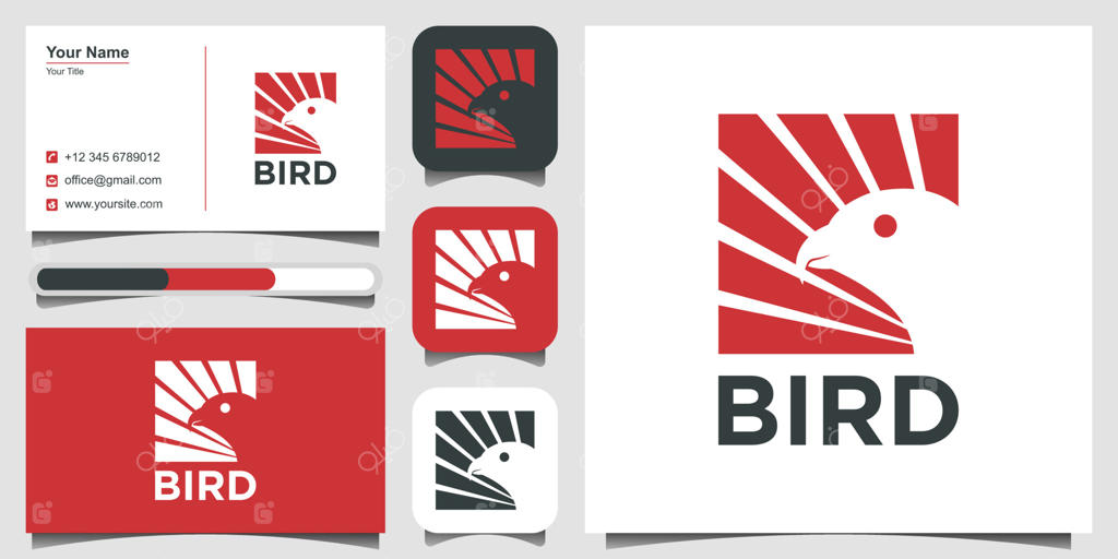 طراحی آرم پرنده با فضای منفی و بال. طراحی لوگو، ۳ فاویکن و کارت ویزیت - وکتور پریمیوم.